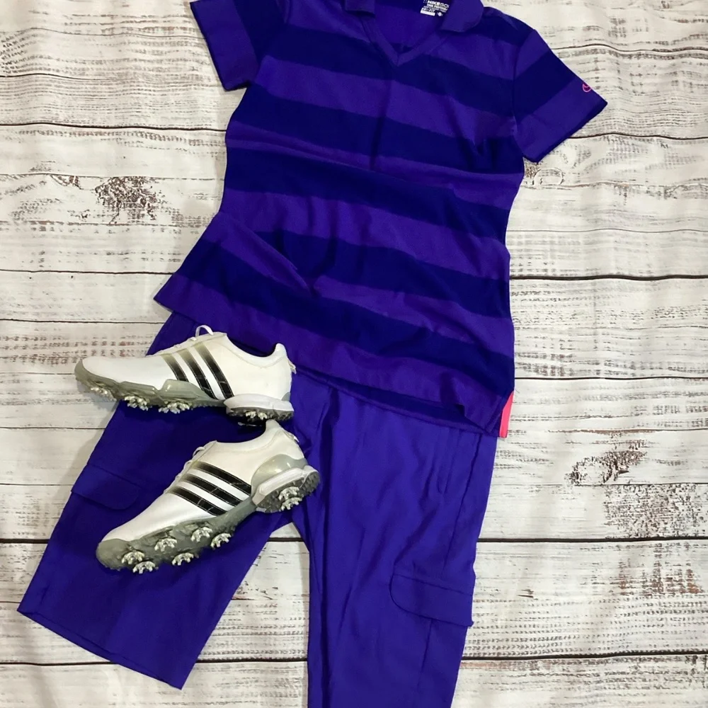 722. Nike Golf Purple Striped Dri-Fit Polo EUC Size M